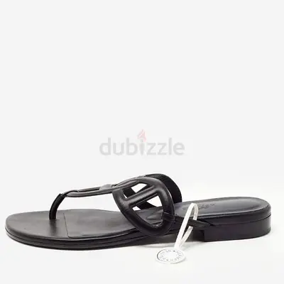 Hermes Black Leather Beach Flat Slides Size 37