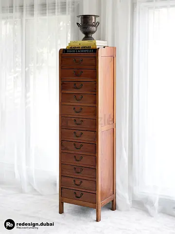 TALL APOTHECARY ACACIA WOOD CHEST or drawer or dresser or storage cabinet in vintage style