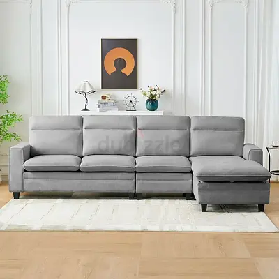 Light gray fabric square arms 4 seater sofa chaise