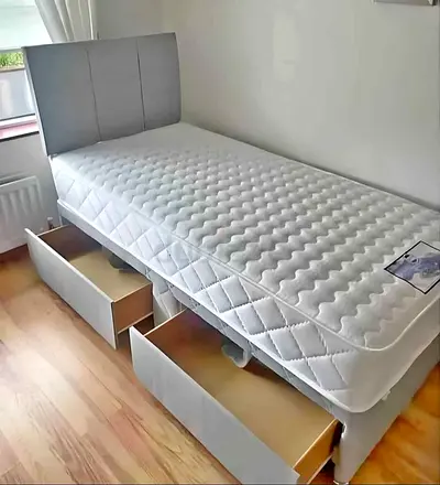 Single divan bed with storage drawers and mattress - light grey