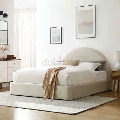Off white fabric semi circle headboard queen bed