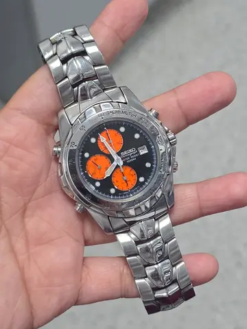 Seiko Chronograph Stainless Steel Watch with Orange Subdials