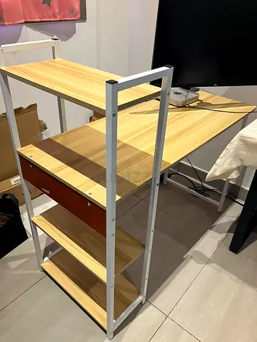 Compact wooden Computer Desk shelving unit with white metal frame - 4 tiers