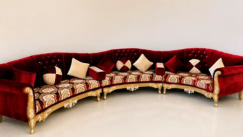 Large Curved Red Velvet Sofa with Gold Trim high quality wood- Elegant Majlis Style for 8-10 people