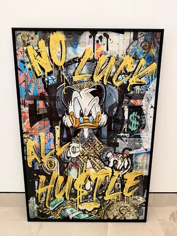 Framed Modern Pop Art Painting Featuring Cartoon Character and Graffiti Accents