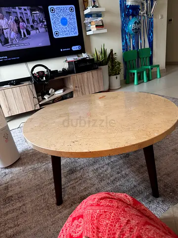 Round Wooden Coffee Table with Marble-Look Top