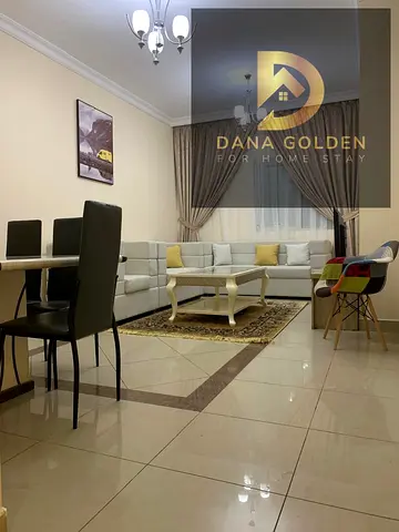 For monthly rent: Three bedrooms, a living room, and three bathrooms, fully furnished with internet, in Sharjah, Al Taawun area.