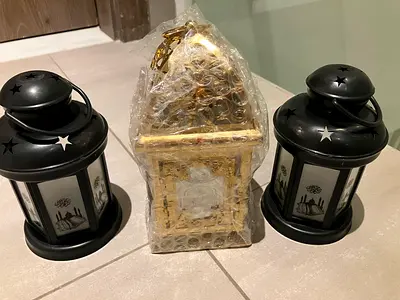 Set of 3 Decorative Lanterns (2 Black, 1 Gold) - Good Condition