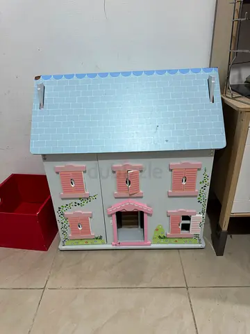 Wooden Dollhouse with Furniture Storage - Pink  Blue, Good Condition