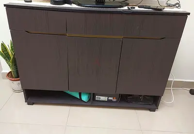 Dark wood TV cabinet / storage console - compact, good condition