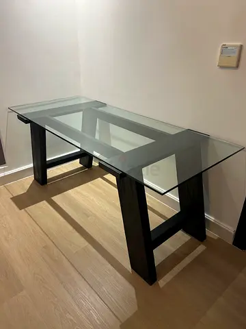 Modern glass office desk with black wood base - excellent condition, 1yr old from Pottery Barn