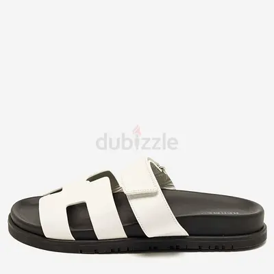 Hermes Chypre Size 37.5 White Leather Flat Slide