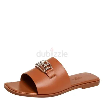Hermes Brown Leather Villa Flat Slides Sandals Size 37.5
