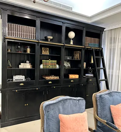 MARINA HOME three section bookcase library cabinet with removable ladder black W297 H258 D44 cm