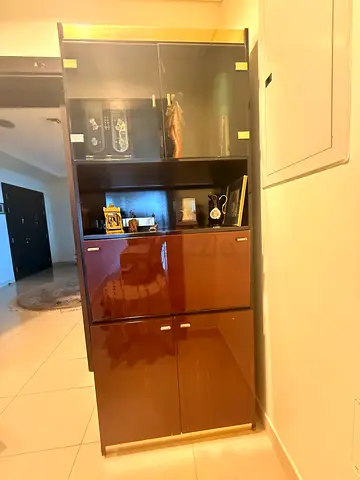 Tall wooden display cabinet with glass doors and storage cupboards * 2
