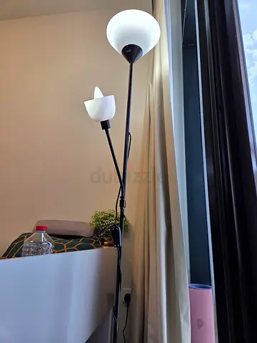 Double-arm floor lamp with white glass shades - good condition