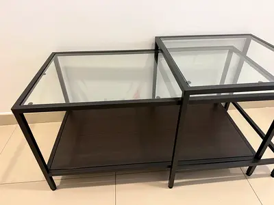 Set of 2 Glass Top Side Tables with Lower Shelf - Dark Frame