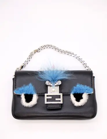 Black Fendi Leather Mini Bag with Blue Fur Monster Eyes and Chain Handle
