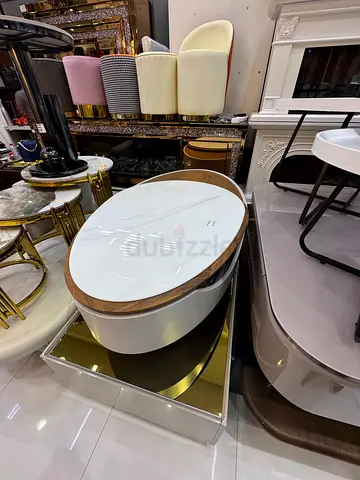 Round Coffee Table with White Glass Top and Gold Trim