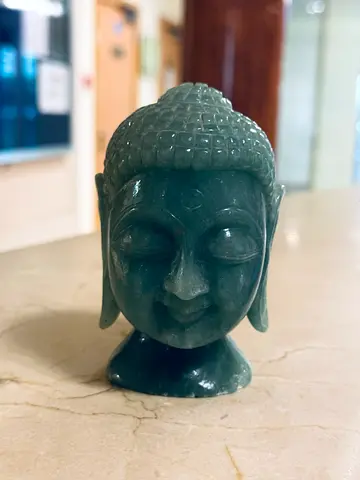 Carved Green Stone Buddha Head Sculpture - Small Decorative Statue