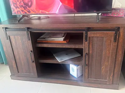 Solid Wood TV Cabinet with Sliding Barn Doors — Dark Brown, Good Condition