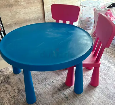 Kids plastic table with 2 chairs (blue table, pink chairs) - good used condition and more