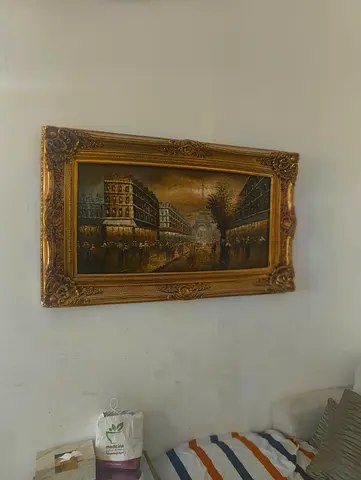 Framed Vintage-Style City Street Oil Painting with Ornate Gold Frame