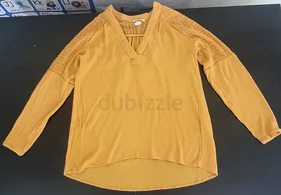 H and M :Mustard long-sleeve womens blouse with lace shoulder detail - Size :Euro 34/US 4