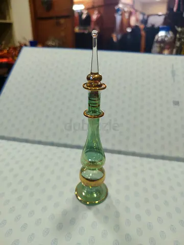Handmade Green Glass Perfume Bottle with Gold Trim - Decorative Collectible 15cm