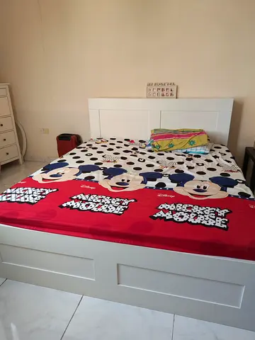 White wooden double bed frame with storage - good condition