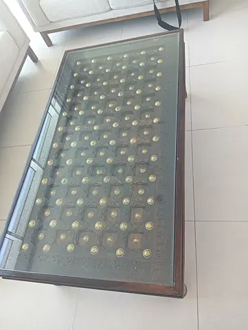 Solid Wood Coffee Table with Glass Top and Decorative Inlay