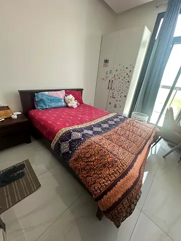 Queen wooden bed frame with mattress and 2x bedside drawer - good condition