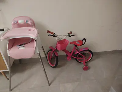 Pink Baby High Chair and Girls Training Bicycle - Good Condition