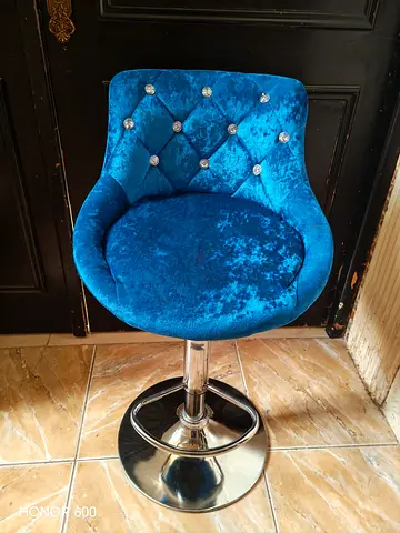Blue Velvet Swivel Bar Stool with Crystal Buttons - Adjustable Height