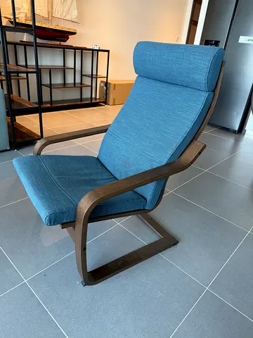 Blue Fabric Lounge Chair with Wooden Frame, Good Condition