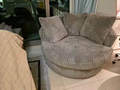 Large Round Grey Corduroy Accent Chair with Cushions