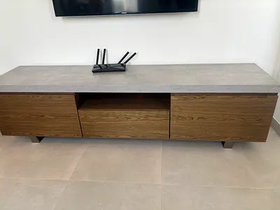 3 Full Boston pieces set: Modern low TV cabinet wood finish and concrete top, coffee table  Bar