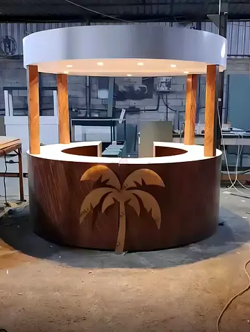 Round Wooden Service Counter with Overhead Canopy and LED Lights
