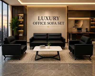 Black PU Leather Sofa Set (3+1+1) – Luxury Office Sofa 5 Seater For Office Use