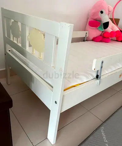 Ikea White Wooden Toddler Bed with Sheep Cutouts and Mattress