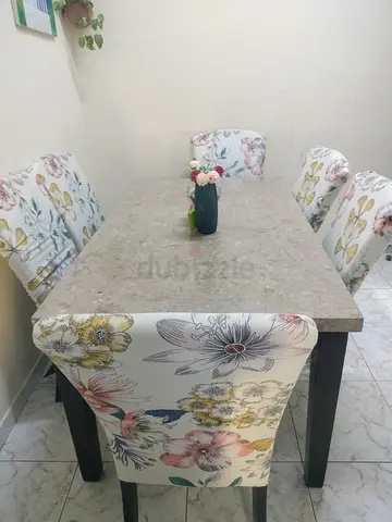 6-Seater Marble-Top Dining Table with Floral Upholstered Chairs