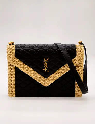 YSL Quilted Black Leather  Woven Straw Shoulder Bag