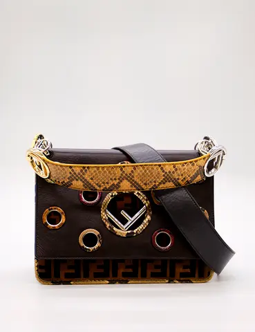 Fendi Brown Leather Shoulder Bag with Snake Trim and Eyelet Details