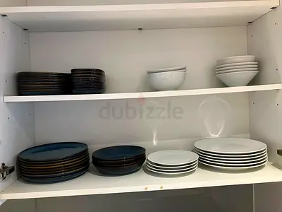 Set of mixed 38 dinner plates and bowls, white and blue— brand Ikea in good condition