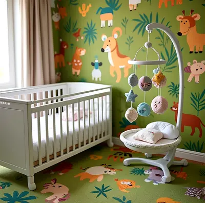 White Baby Crib with Mobile and Nursery Setup - Good Condition
