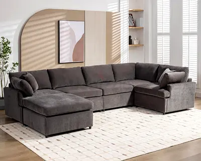 Large Grey U-Shaped Sectional Sofa with Chaise Lounge