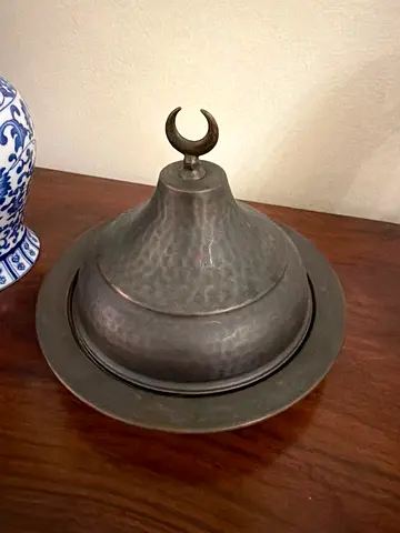 Vintage Middle Eastern Brass Serving Dish with Crescent Finial