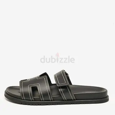Hermes Black Leather Chypre Sandals Size 46