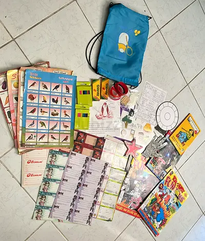 Kids activity bundle — stickers, cards, crayons, puzzles and craft items