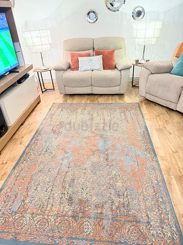 Large Vintage-Style Area Rug - Muted Blue  Terracotta, excellent Condition